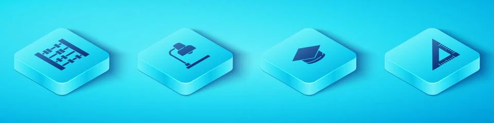 Set Isometric Abacus, Table lamp, Triangular ruler and Graduation cap icon Ilustração Stock