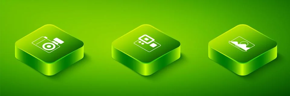 Set Isometric Action extreme camera, Photo retouching and icon. Vector Stock Illustration