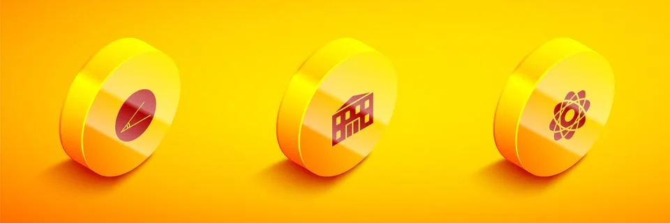 Set Isometric Acute angle, School building and Atom icon. Vector Stock Illustration