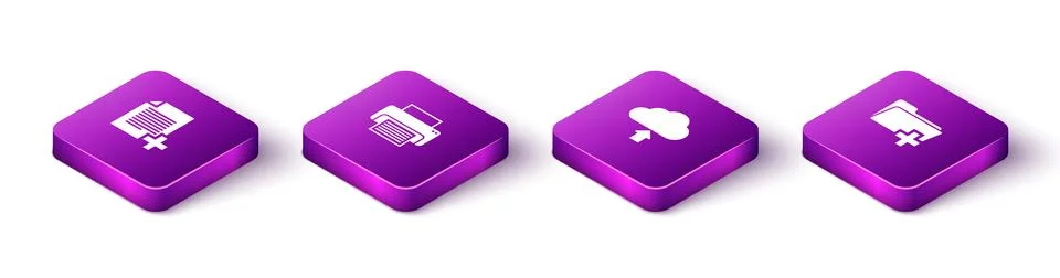 Set Isometric Add new file, Printer, Cloud upload and folder icon. Vector Stock Illustration