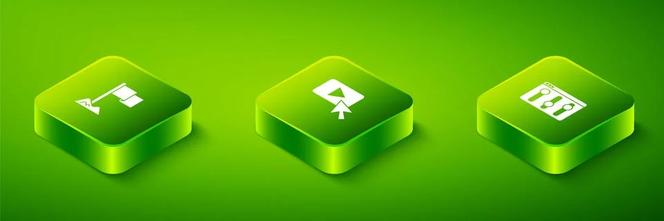 Set Isometric Advertising, Browser setting and Location marker icon. Vector Stock Illustration