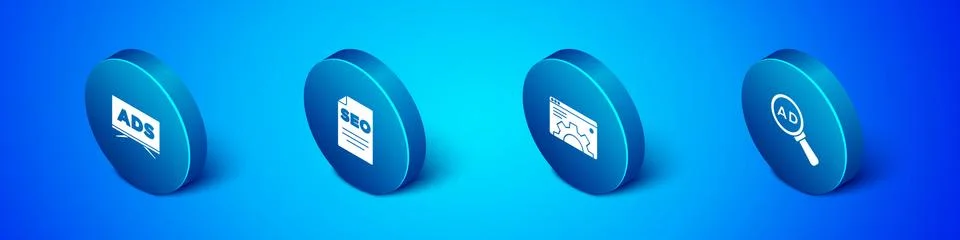 Set Isometric Advertising, Browser setting, and SEO optimization icon. Vector イラスト素材