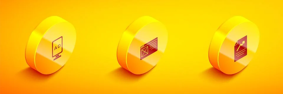 Set Isometric Advertising, Browser window and Document with graph chart icon Stock Illustration