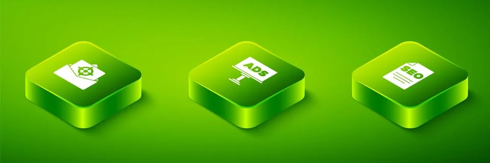 Set Isometric Advertising, SEO optimization and Mail and e-mail icon. Vector イラスト素材