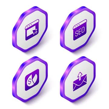 Set Isometric Advertising, SEO optimization, Market analysis and Mail and e-mail 스톡 일러스트