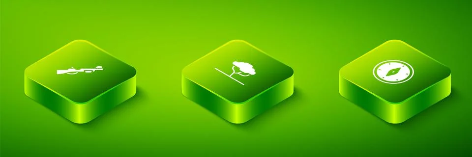 Set Isometric African tree, Compass and Hunting gun icon. Vector Illustrazione stock