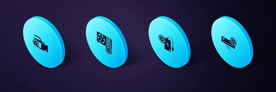 Set Isometric Air conditioner setting, Power bank, and Video camera icon. Vector Illustrazione stock