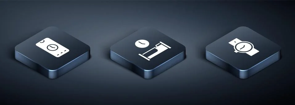Set Isometric Alarm clock app mobile, Wrist watch and Time to sleep icon. Vector イラスト素材