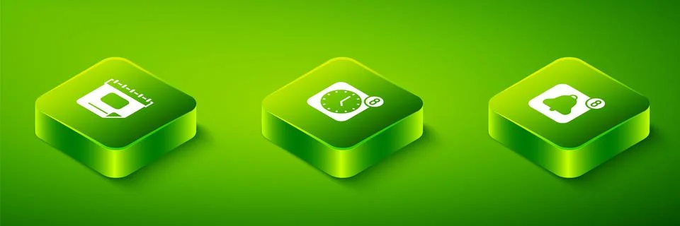 Set Isometric Alarm clock app mobile, and Calendar icon. Vector Illustrazione stock