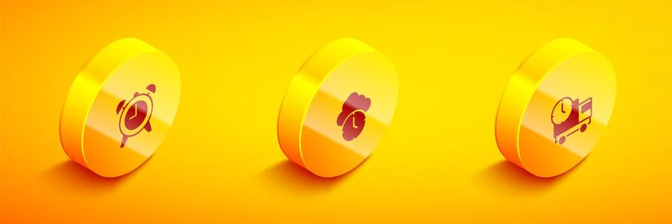 Set Isometric Alarm clock, Clock and Delivery truck and time icon. Vector Stock Illustration