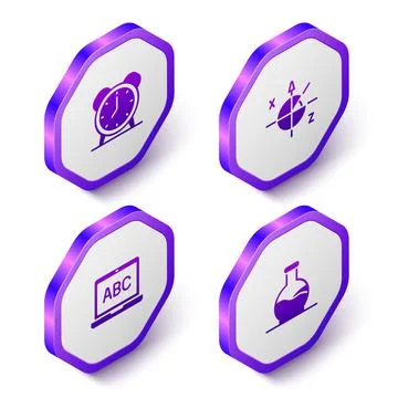 Set Isometric Alarm clock, Trigonometric circle, Laptop and Test tube icon 스톡 일러스트