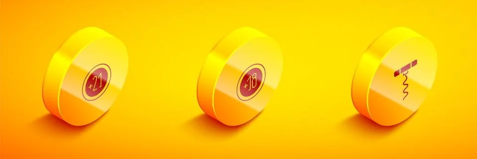 Set Isometric Alcohol 21 plus, 18 and Wine corkscrew icon. Vector Stock Illustration
