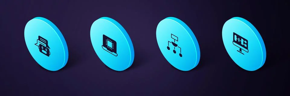 Set Isometric Algorithm, Processor CPU and Chat bot icon. Vector 库存插图