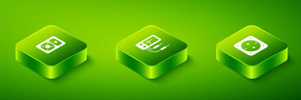 Set Isometric Ampere meter, multimeter, Electrical outlet and Music player .. Stock Illustration