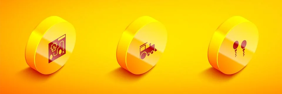 Set Isometric Amusement park map, Toy train and Balloons icon. Vector Ilustração Stock