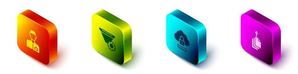 Set Isometric Analyst engineer, Filter setting, Cloud computing lock and Data Illustrazione stock