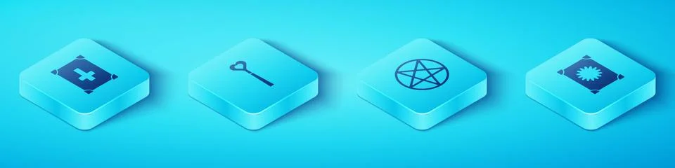 Set Isometric Ancient magic book, Magic wand, and Pentagram in circle icon Ilustração Stock