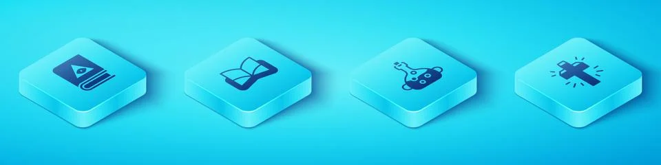 Set Isometric Ancient magic book, , Christian cross and Poison in bottle icon Ilustração Stock