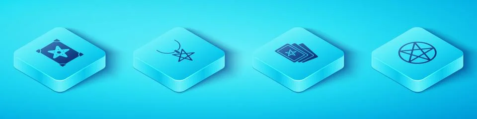 Set Isometric Ancient magic book, Pentagram on necklace, in circle and Three 스톡 일러스트