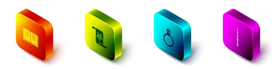 Set Isometric Ancient magic book, , Magic stone ring with gem and wand icon Ilustração Stock