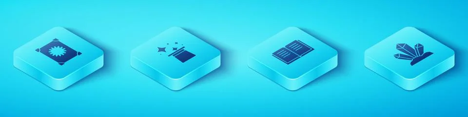 Set Isometric Ancient magic book, Magic hat, stone and icon. Vector Ilustração Stock
