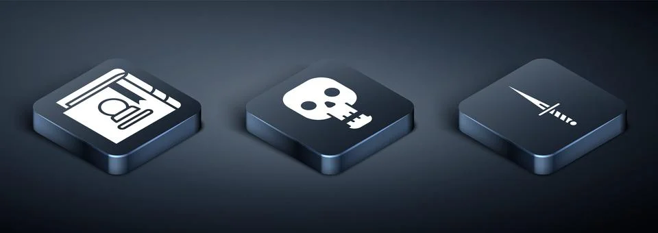 Set Isometric Ancient magic book, Dagger and Skull icon. Vector Stock Illustration
