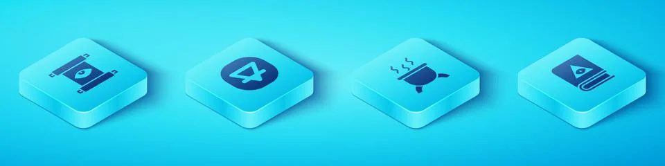 Set Isometric Ancient magic scroll, Earth element, book and Witch cauldron icon Ilustração Stock