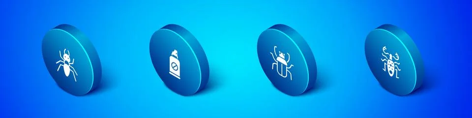 Set Isometric Ant, Stink bug, Beetle deer and Spray against insects icon. Vector Illustration
