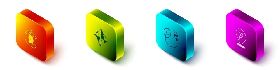 Set Isometric Apple core, Iceberg, Electric saving plug in leaf and Locatio.. Stock Illustration