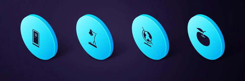Set Isometric Apple, Earth globe, Table lamp and Locker or changing room icon Stock Illustration