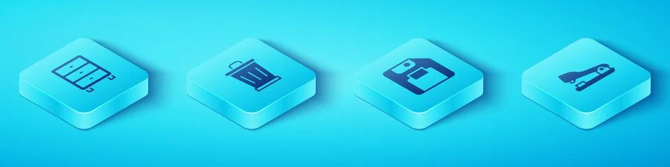 Set Isometric Archive papers drawer, Trash can, Stapler and Floppy disk ico.. Stock-Illustration