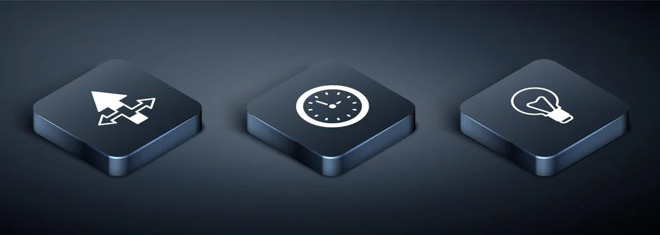 Set Isometric Arrow, Light bulb and Clock icon. Vector Stock Illustration