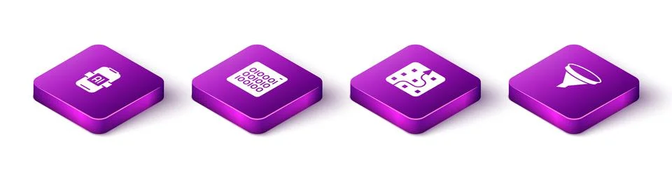 Set Isometric Artificial intelligence AI, Binary code, Neural network and Funnel 스톡 일러스트