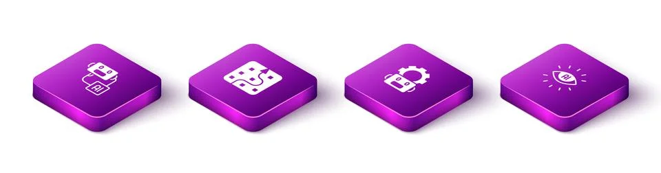Set Isometric Artificial intelligence robot, Neural network, Robot setting and Stock Illustration