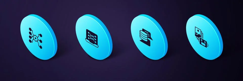 Set Isometric Artificial intelligence robot, Server, Data, Neural network and Stock Illustration
