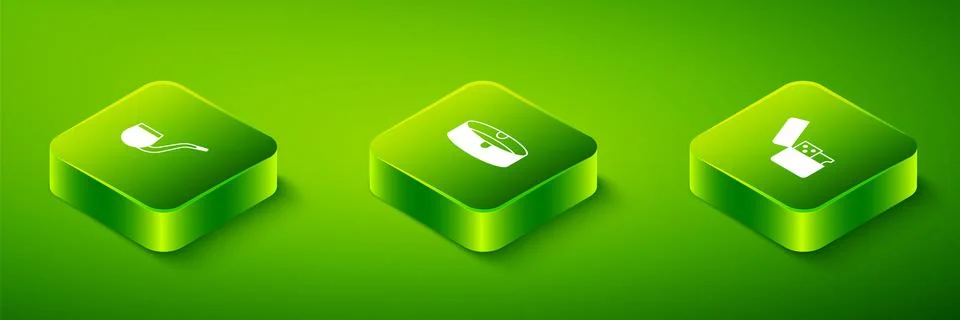 Set Isometric Ashtray, Lighter and No pipe smoking icon. Vector Stock Illustration