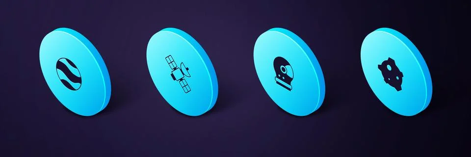 Set Isometric Asteroid, Astronaut helmet, Satellite and Planet icon. Vector 스톡 일러스트