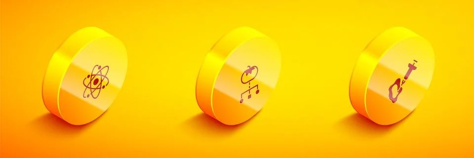 Set Isometric Atom, Genetically modified food and Syringe icon. Vector Stock Illustration