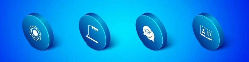 Set Isometric Atom, Graduation cap in speech bubble, Online class and Table.. Stock Illustration