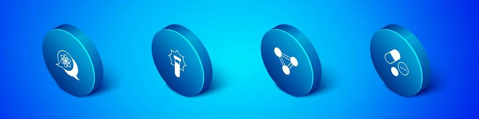Set Isometric Atom, Molecule, Medicine pill or tablet and Explosion the fla.. Stock Illustration