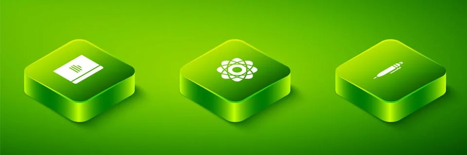 Set Isometric Atom, Pen and Spiral notebook icon. Vector Stock Illustration