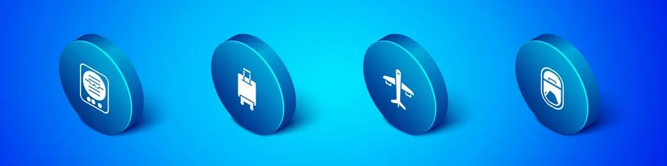 Set Isometric Attitude indicator, Plane, Airplane window and Suitcase icon Stock Illustration