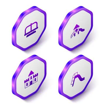 Set Isometric Attraction carousel, Slide playground, Sand castle and icon Stock Illustration