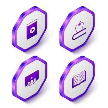 Set Isometric Audio book, Book with apple, Online class and Open icon. Purple Stock Illustration