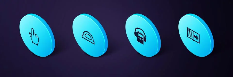 Set Isometric Audio book, , Protractor grid and Pixel hand cursor icon. Vecto Stock Illustration
