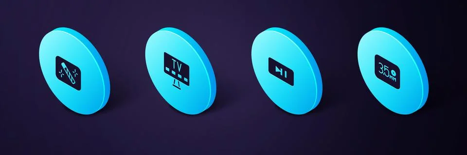 Set Isometric Audio jack, Pause button, Smart Tv and Photo retouching icon... Stock Illustration