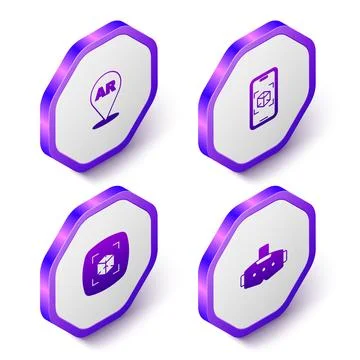 Set Isometric Augmented reality AR, 3d modeling, and Virtual glasses icon Stock Illustration