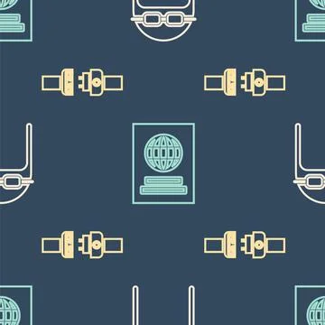 Set Isometric Aviator hat with goggles, Safety belt and Passport icon. Vector Stock Illustration