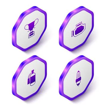 Set Isometric Award cup, Check engine, Fire extinguisher and Car spark plug icon Stock Illustration