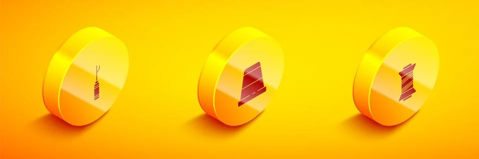 Set Isometric Awl tool, Thimble for sewing and Sewing thread icon. Vector イラスト素材